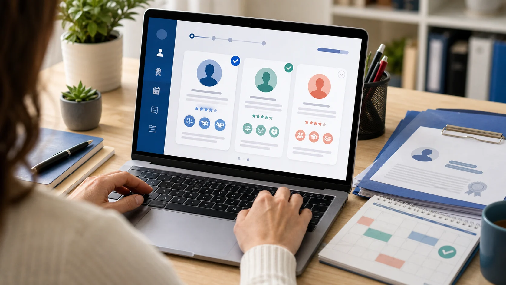Persona revisando credenciales y acreditación de un mediador en una interfaz online