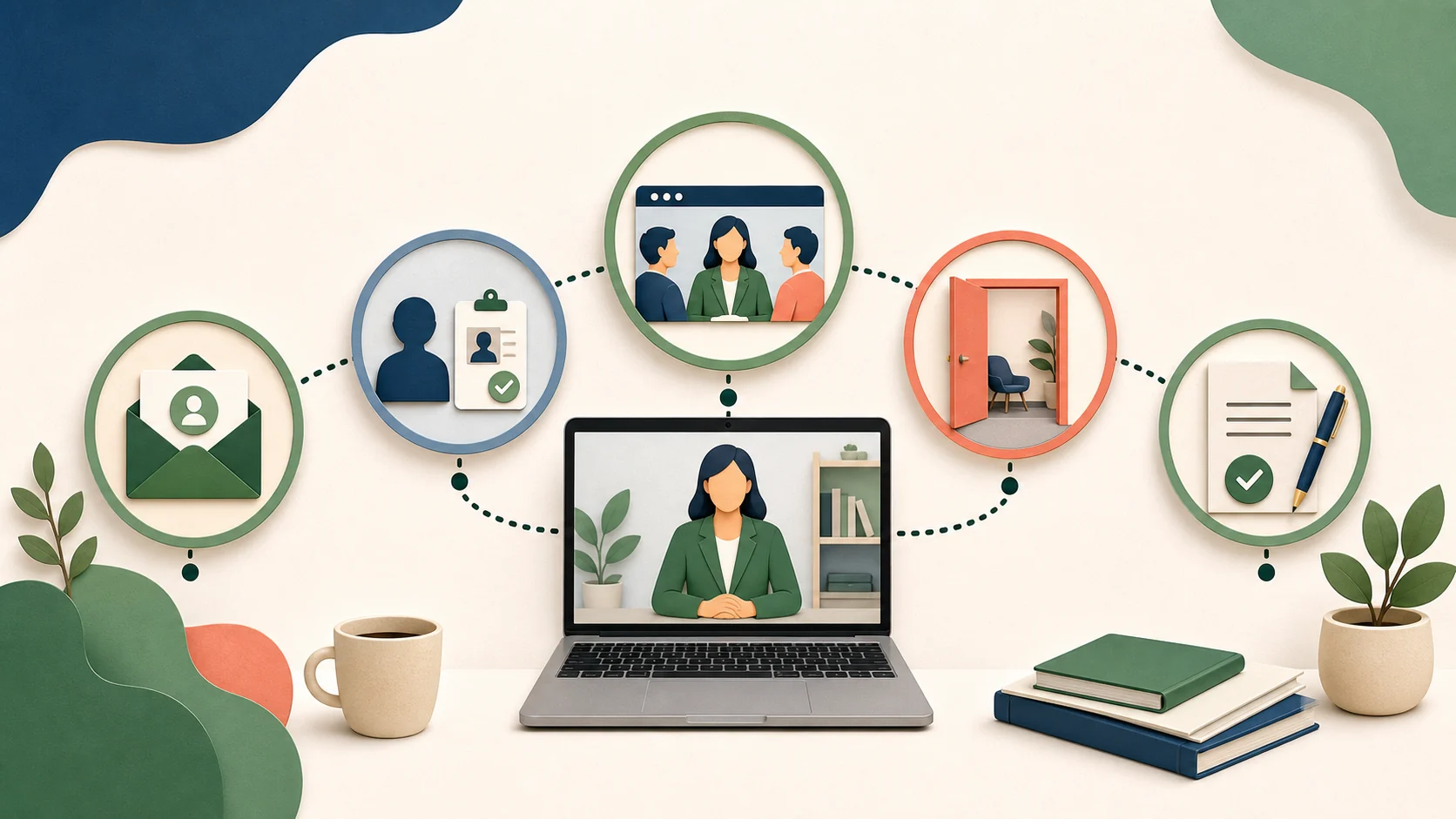 Proceso visual de una sesión de mediación online con fases representadas mediante iconos sin texto