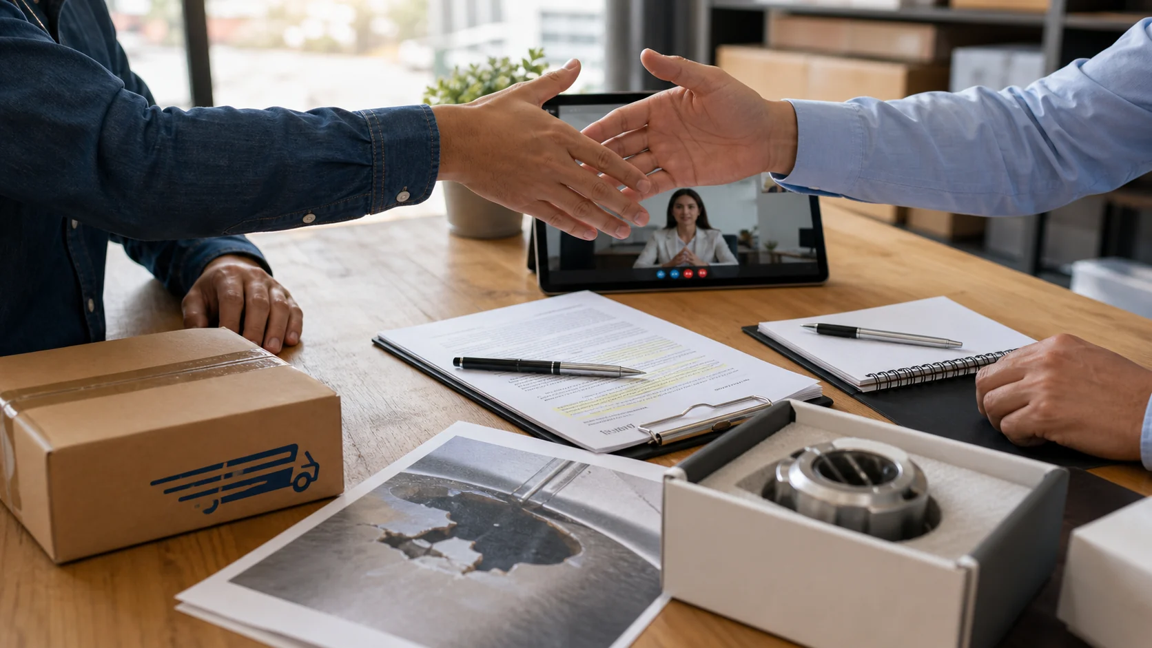 Empresa y proveedor revisando contrato incumplido y entrega con mediación online