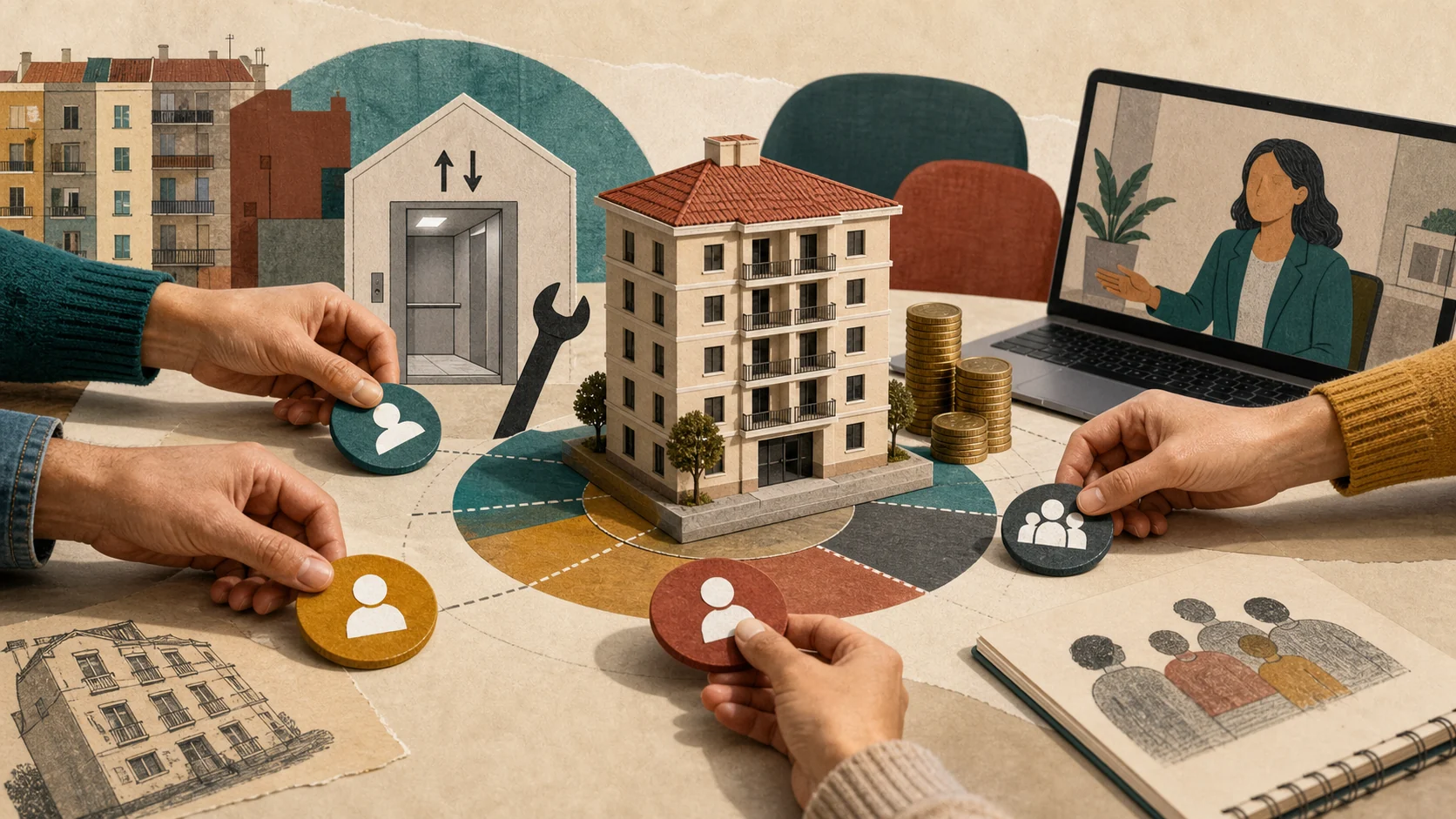 Propietarios organizando una derrama comunitaria alrededor de una maqueta de edificio
