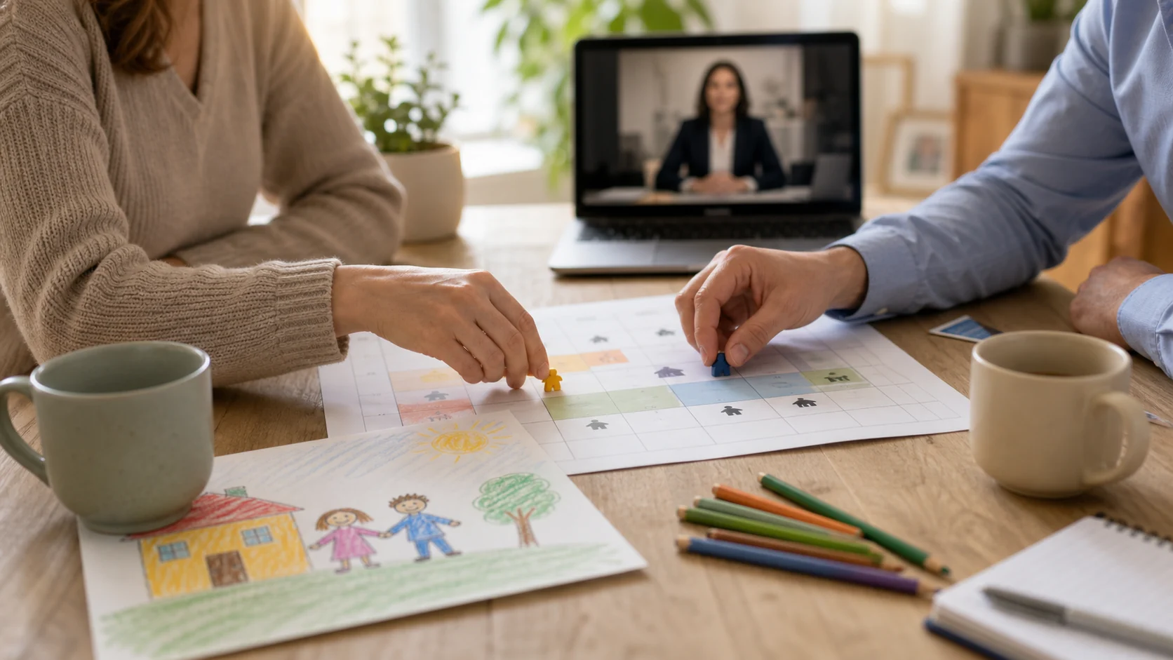 Progenitores organizando un calendario de custodia y visitas con mediación online