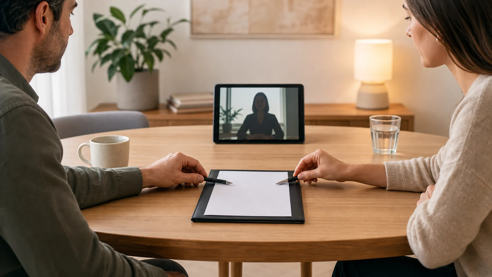 Pareja revisando un acuerdo de divorcio de mutuo acuerdo con apoyo de mediación online
