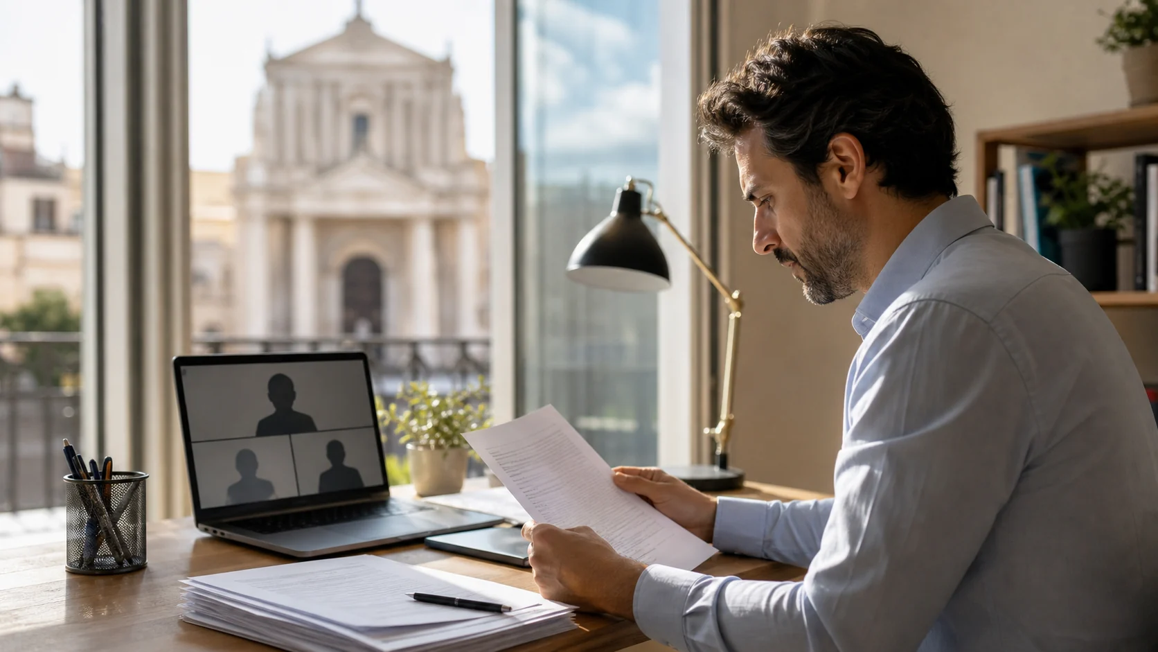 Persona preparando una mediación online antes de demandar, con documentos legales y videoconferencia