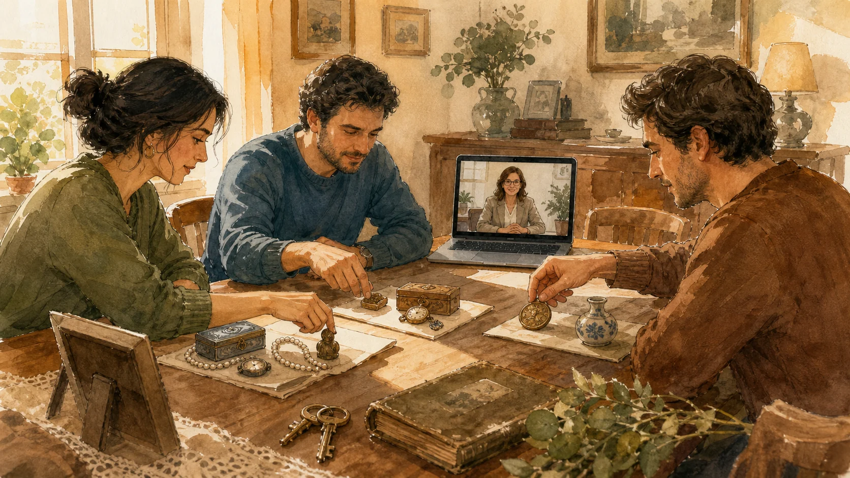 Hermanos repartiendo objetos de una herencia familiar con ayuda de mediación online