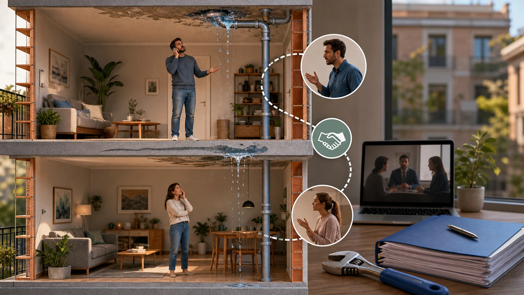 Diorama de humedades entre pisos con vecinos conectados por una solución mediada