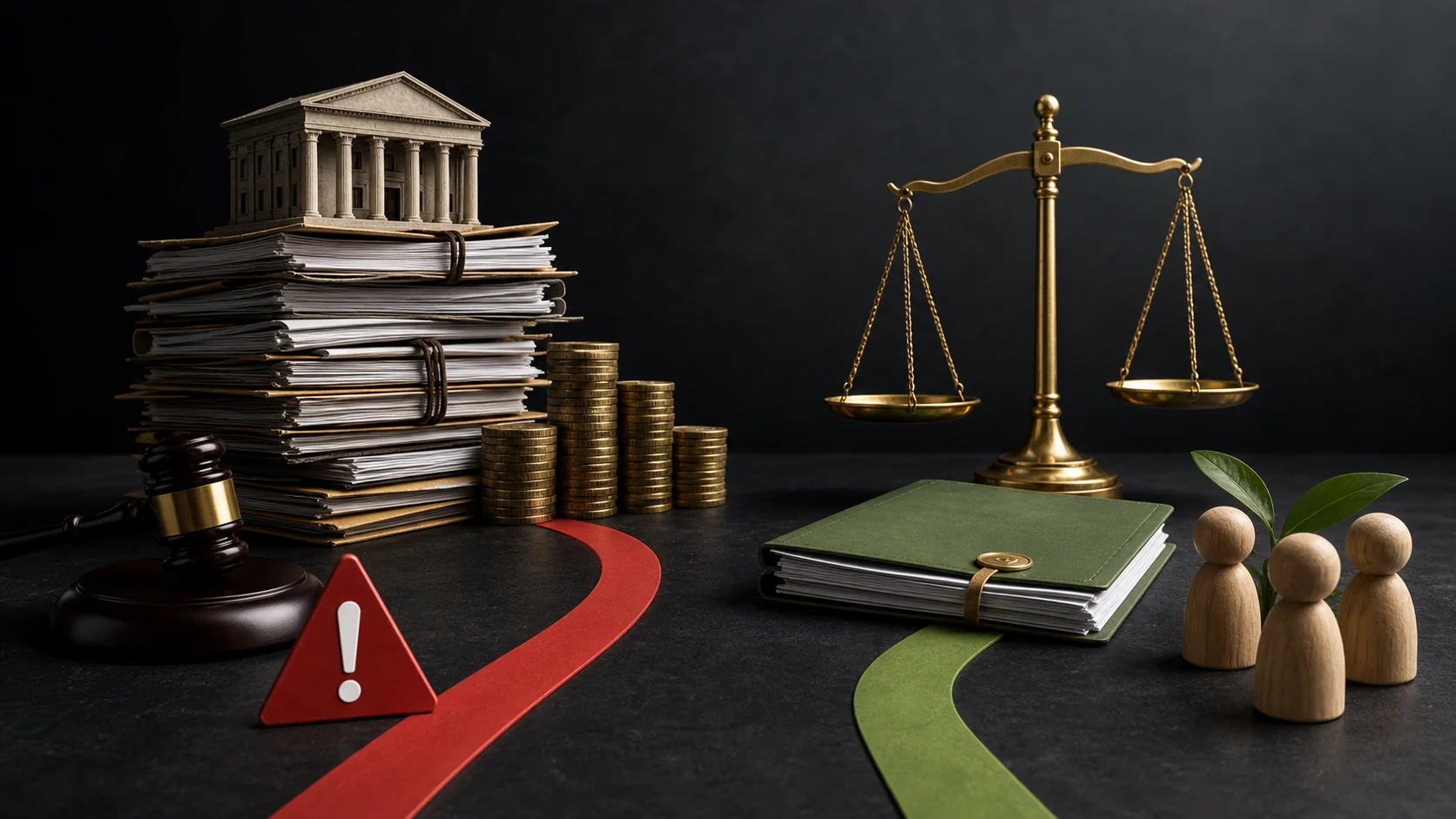 Costes, tasas y acuerdo de mediación representados como dos rutas económicas antes de litigar