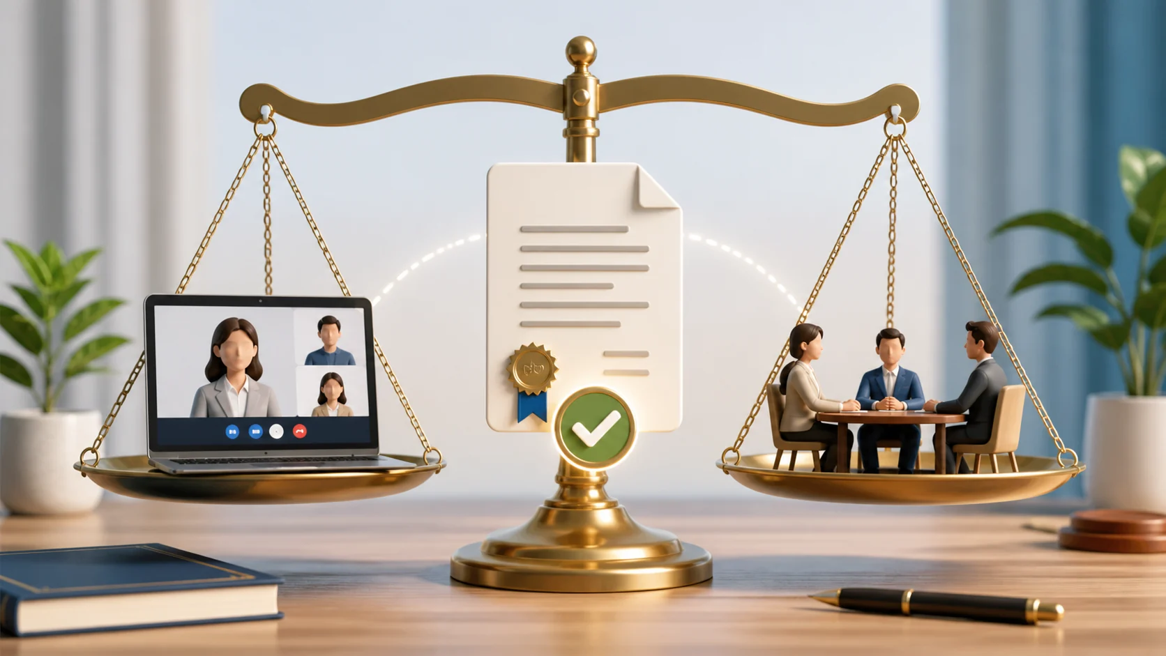 Balanza equilibrada entre mediación online y mediación presencial con acuerdo válido