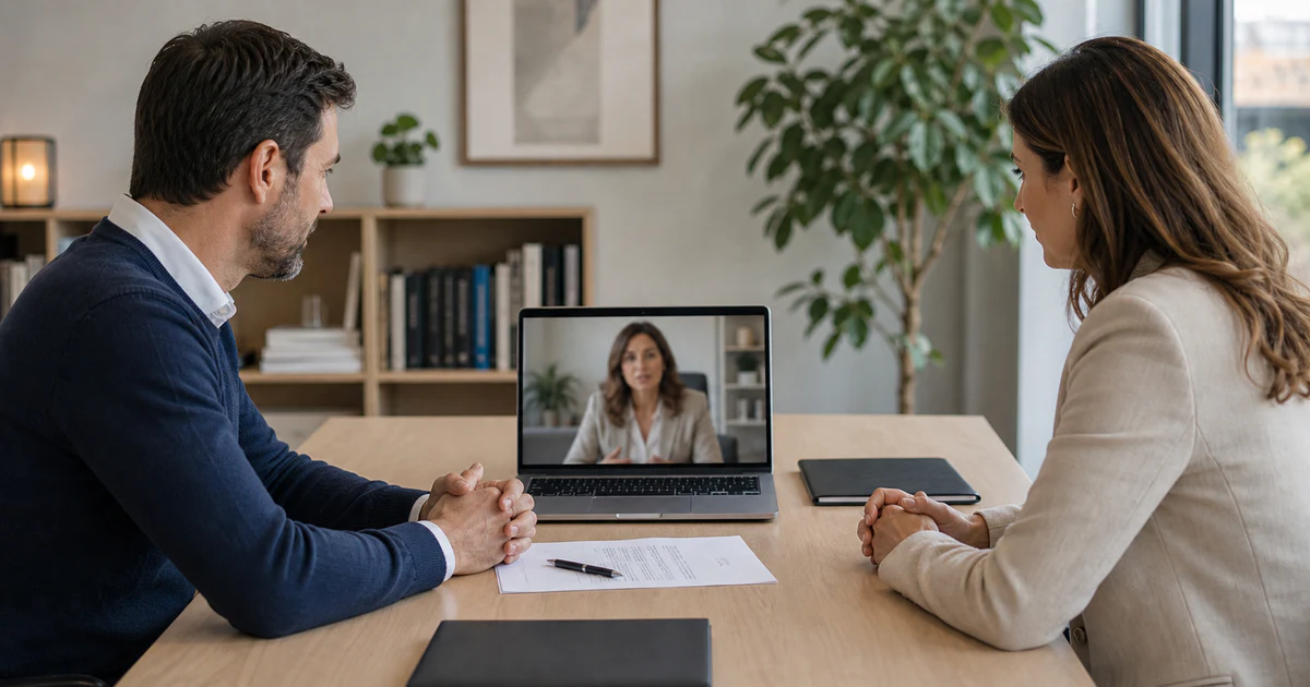 Dos personas resolviendo un conflicto por videoconferencia antes de acudir al juzgado
