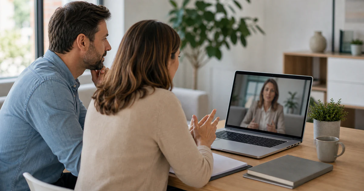 Dos personas resolviendo un conflicto mediante videollamada con un mediador profesional