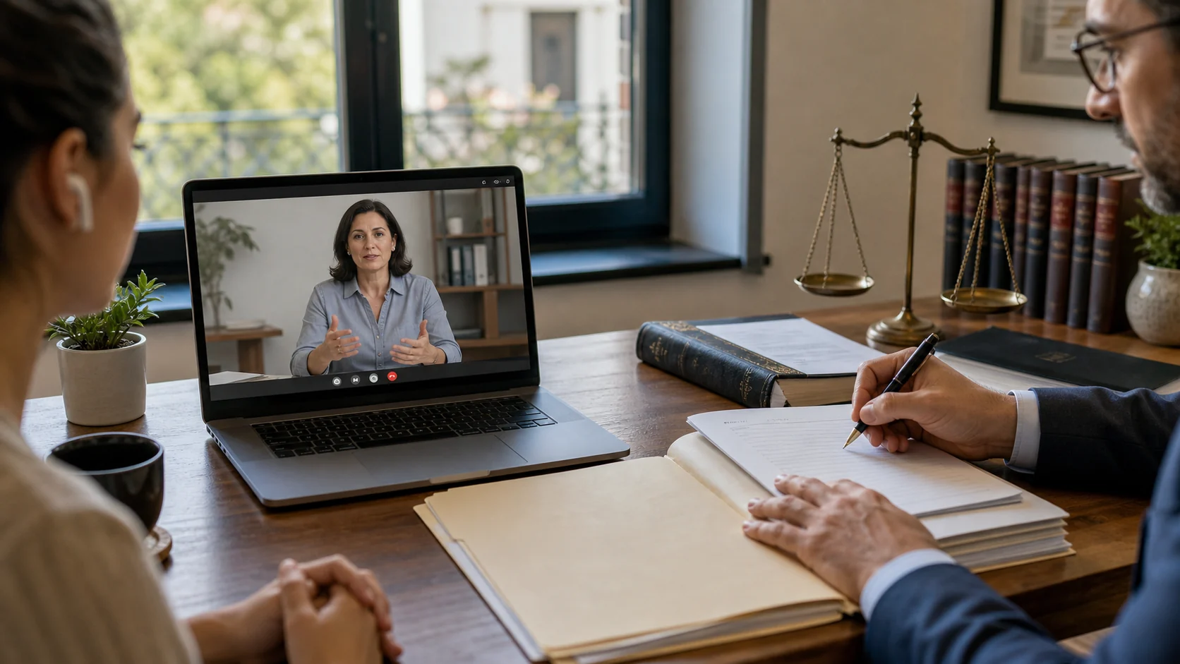 Cliente en mediación online con apoyo opcional de una persona abogada revisando documentos