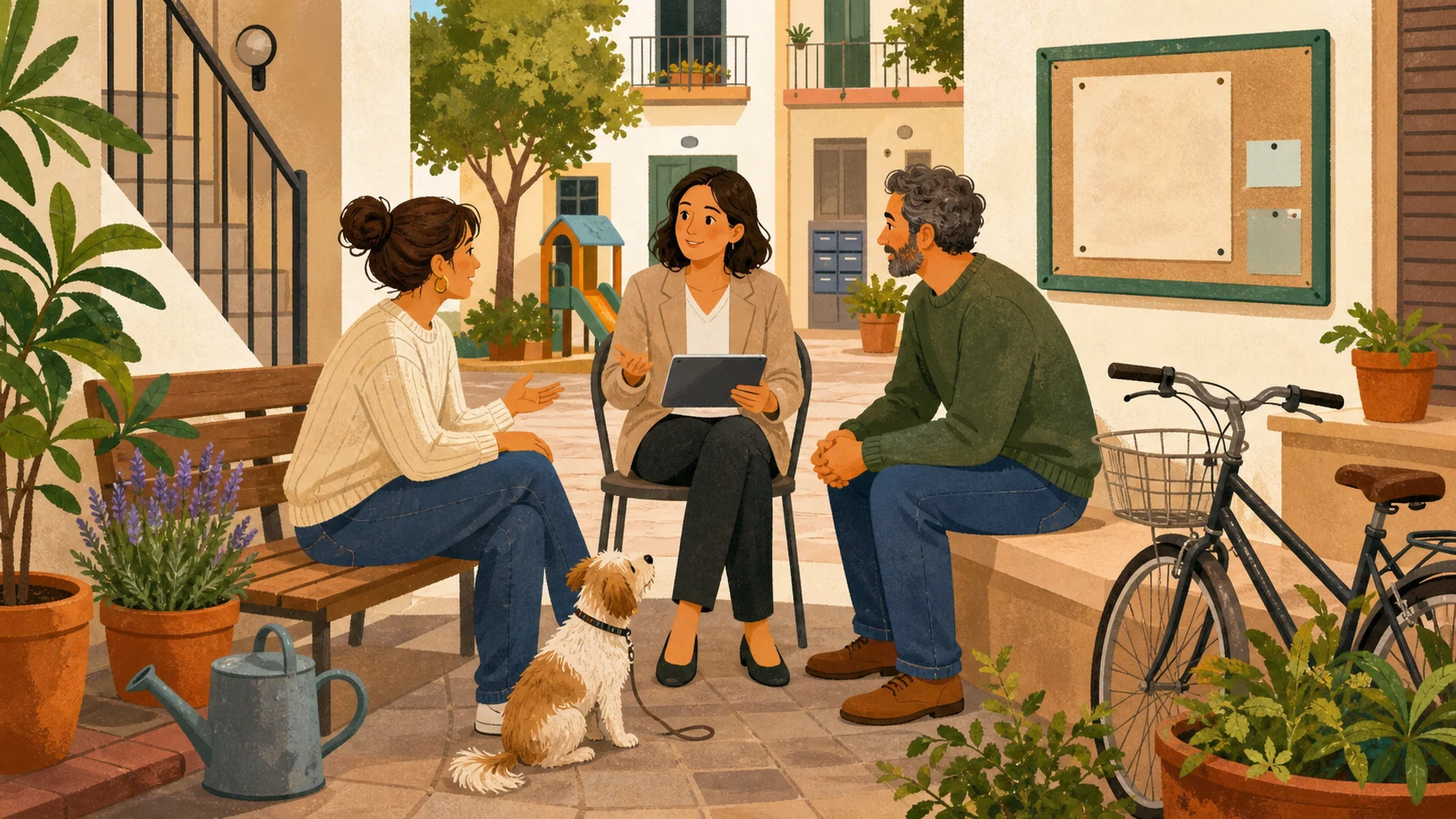 Vecinos resolviendo problemas con mascotas y zonas comunes mediante mediación comunitaria