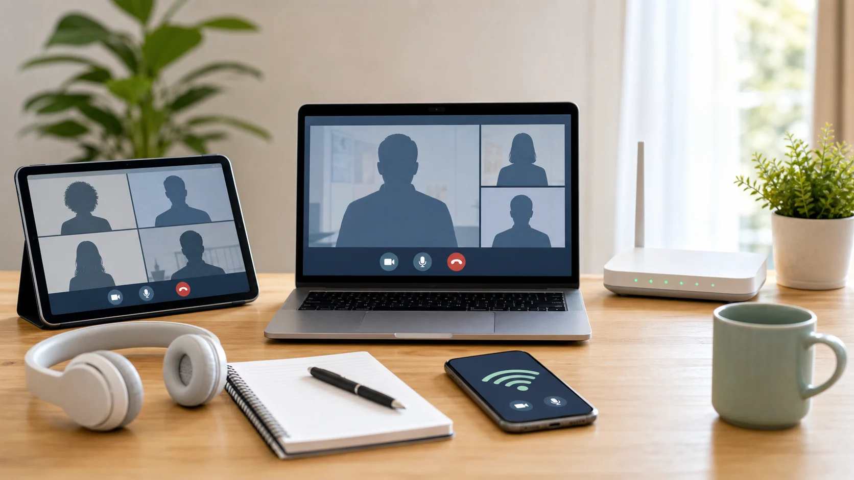 Dispositivos, auriculares y conexión preparados para participar en una mediación online