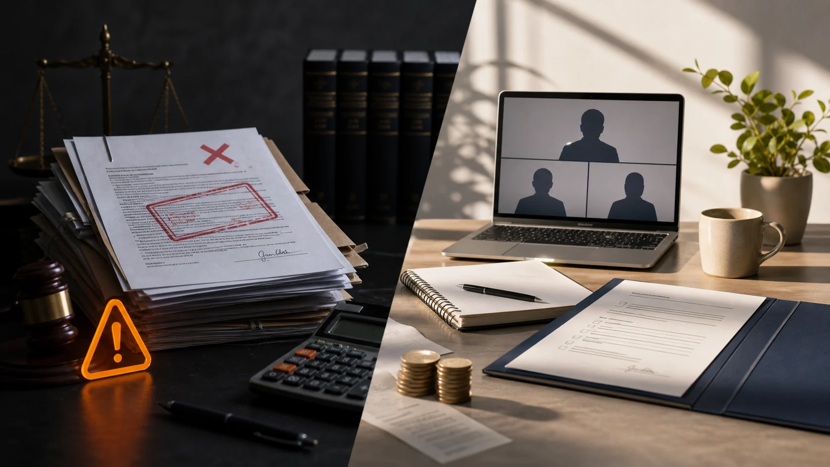 Documentos judiciales rechazados y costes procesales junto a una videollamada de mediación previa