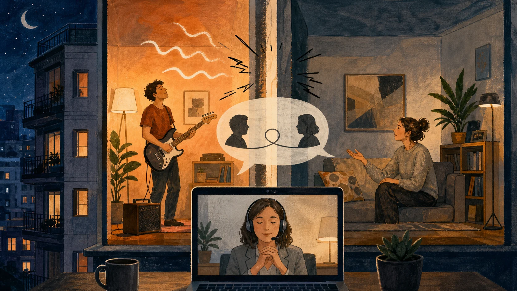 Ilustración de vecinos resolviendo un conflicto de ruido mediante conversación y mediación online
